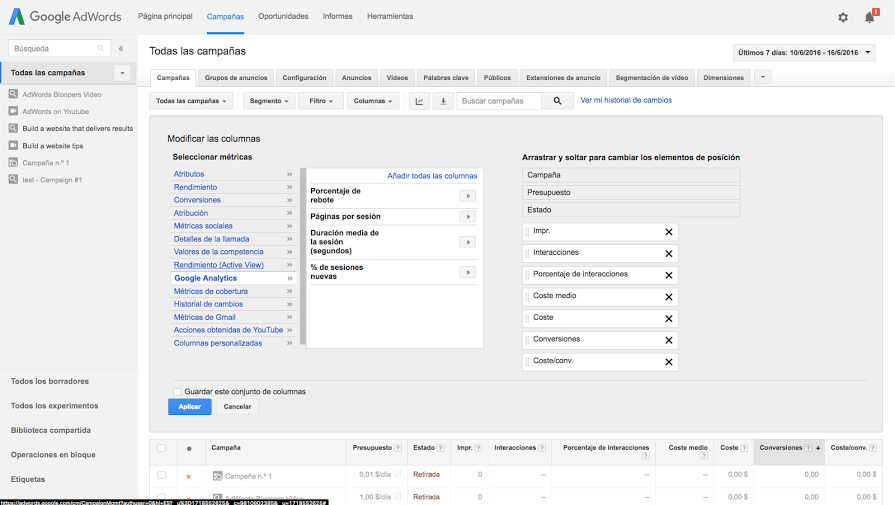 Habilita las Columnas de Conversiones